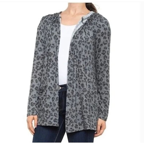 Lucky Brand Cardigan Sweater Size Large Hooded Gray Leopard Print Lightweight - Picture 1 of 14